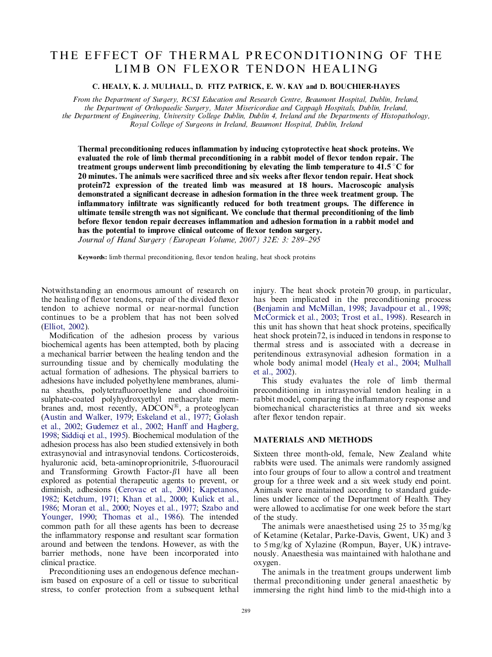 The effect of thermal preconditioning of the limb on flexor tendon healing