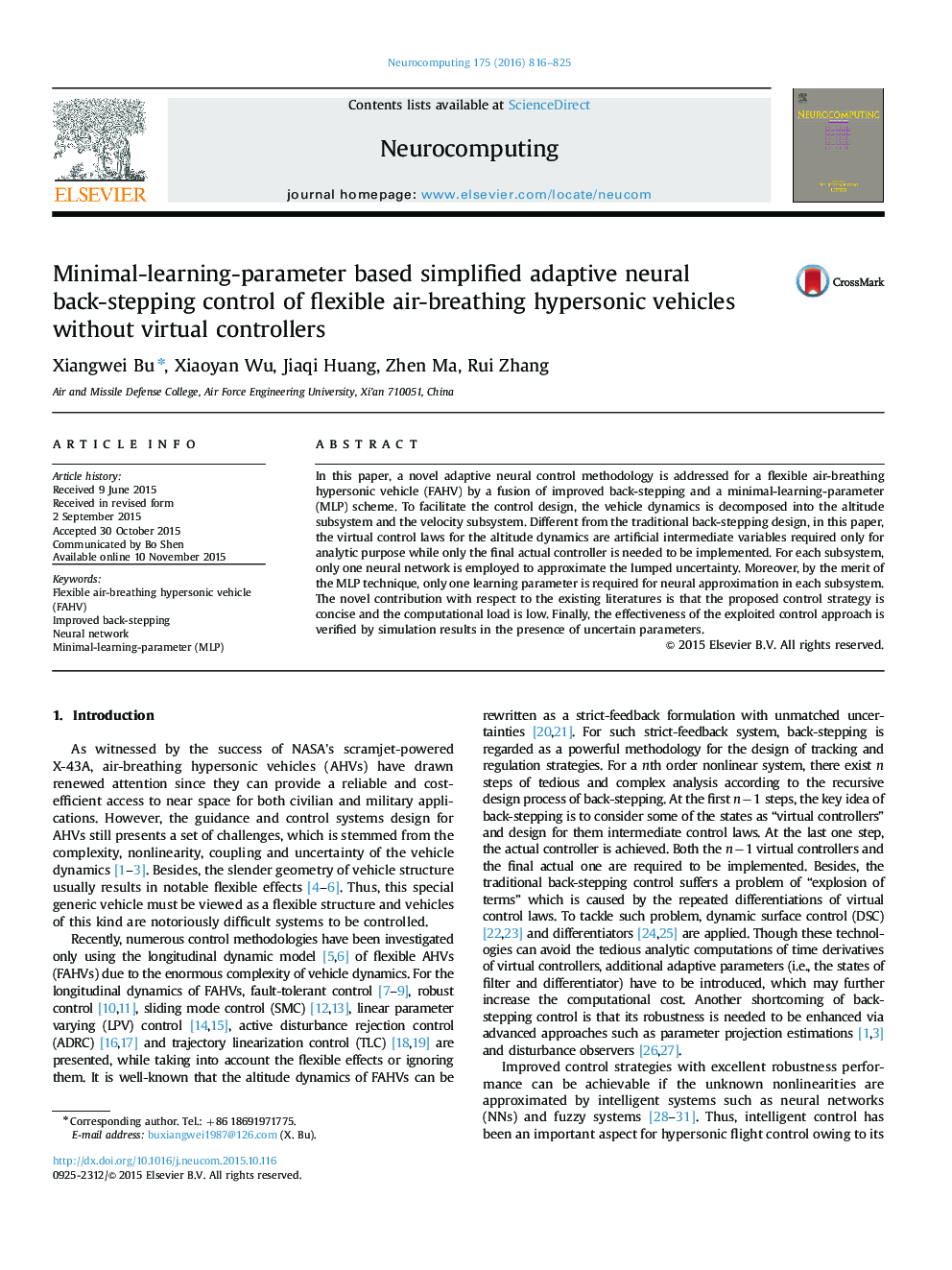 Minimal-learning-parameter based simplified adaptive neural back-stepping control of flexible air-breathing hypersonic vehicles without virtual controllers