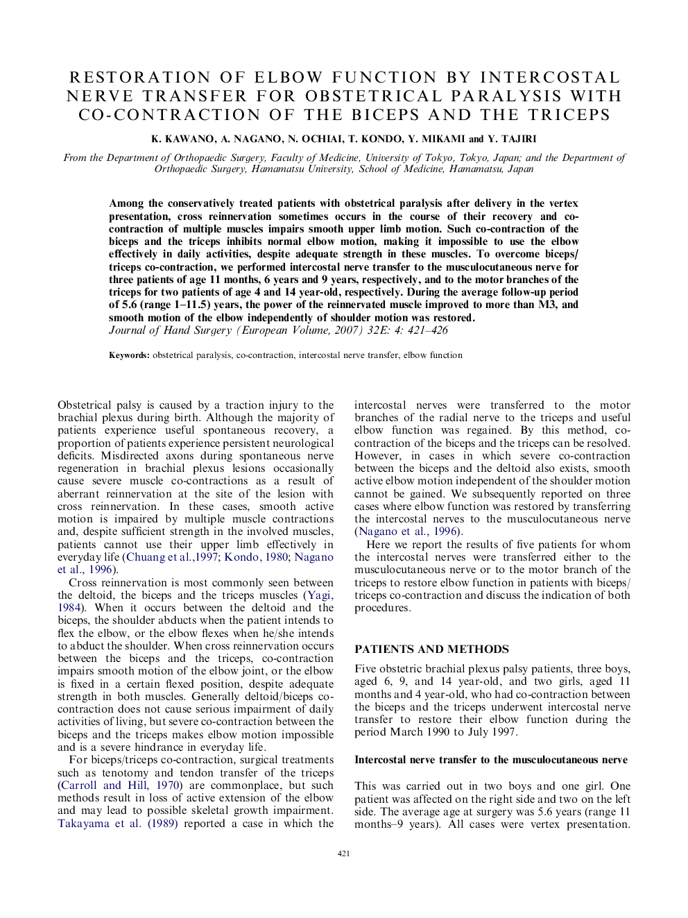 Restoration of elbow function by intercostal nerve transfer for obstetrical paralysis with co-contraction of the biceps and the triceps