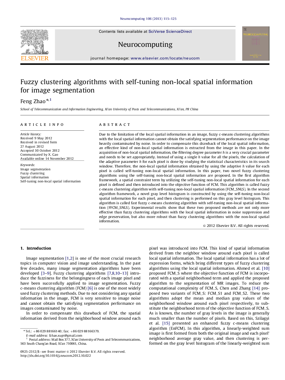 Fuzzy clustering algorithms with self-tuning non-local spatial information for image segmentation