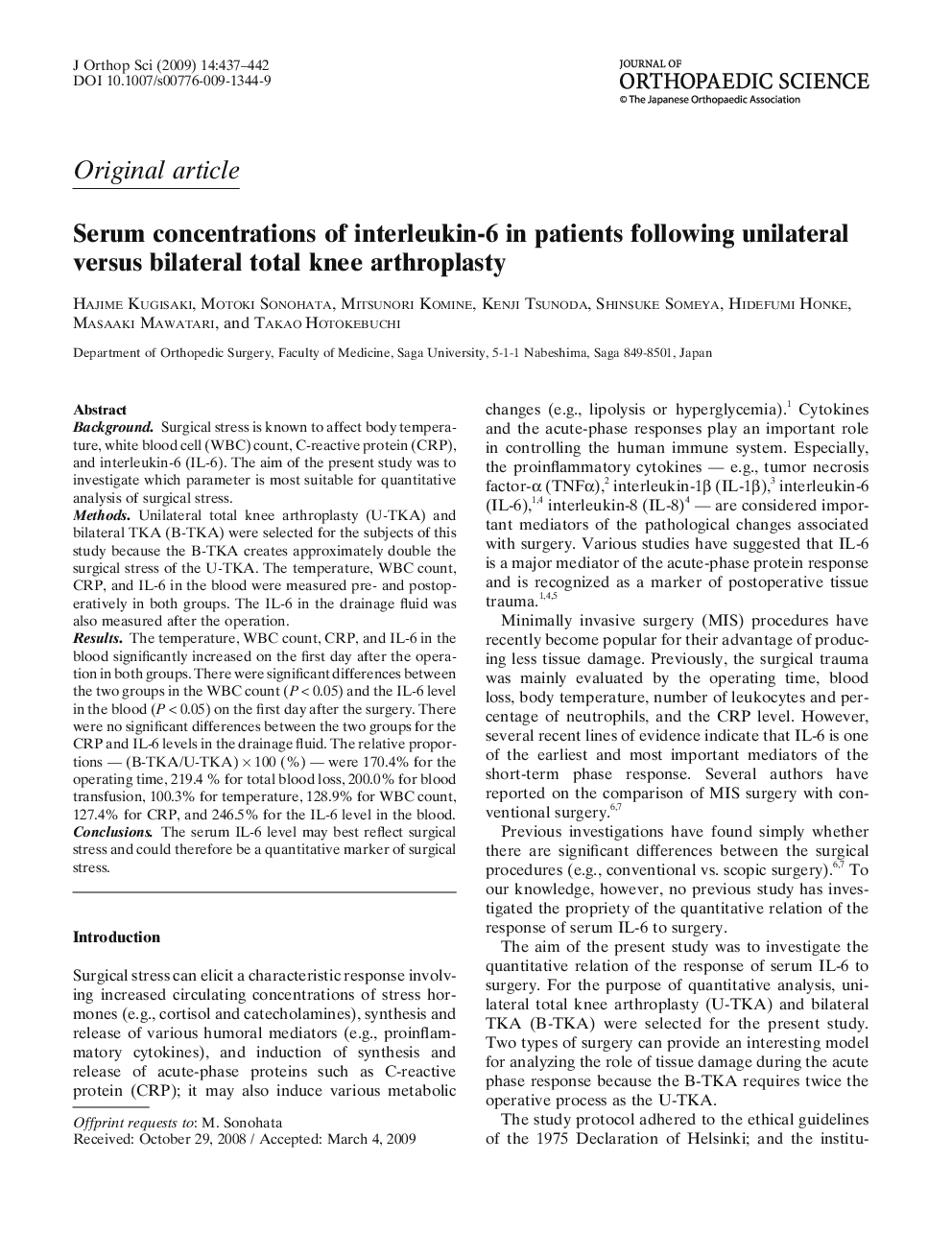 Serum concentrations of interleukin-6 in patients following unilateral versus bilateral total knee arthroplasty