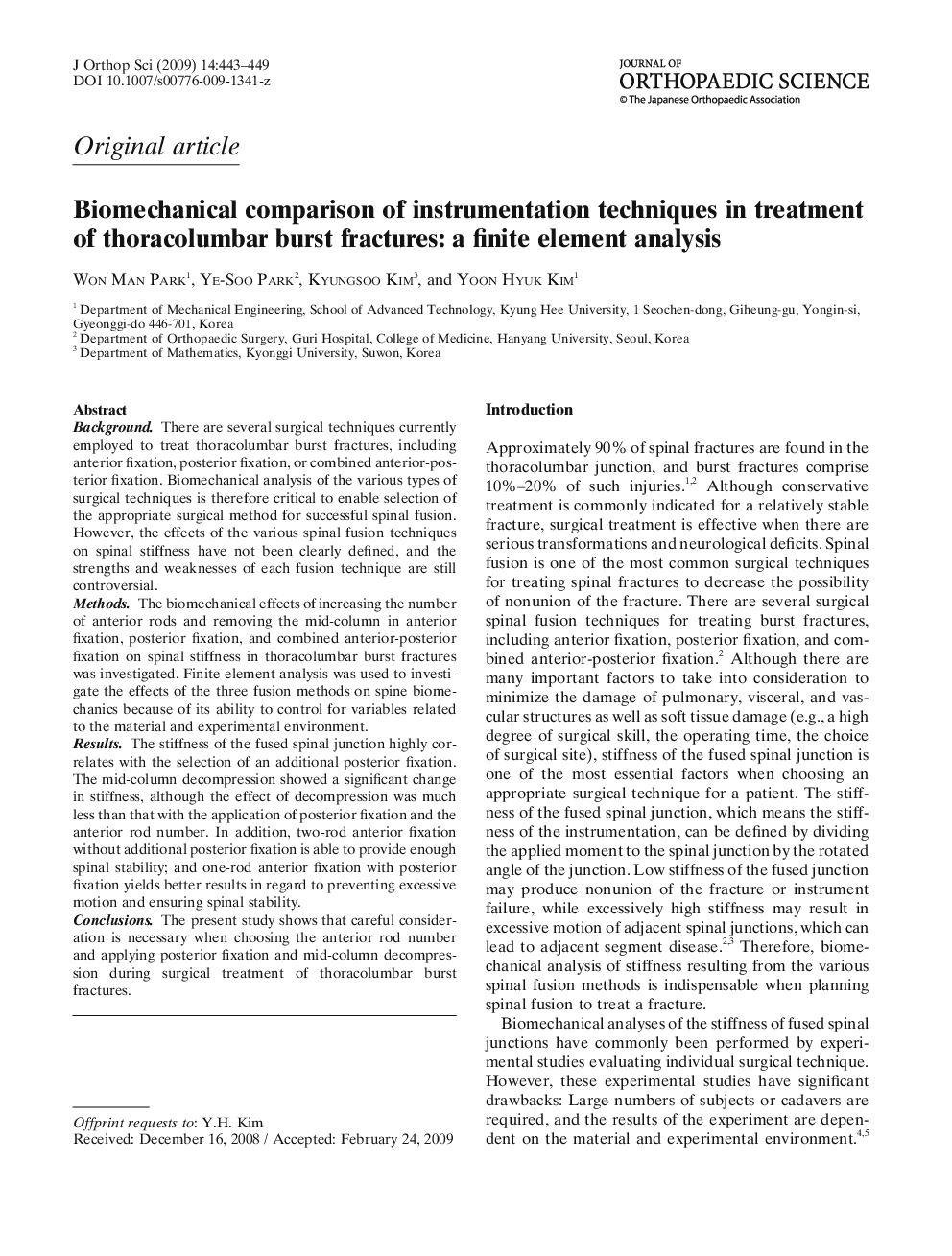 Biomechanical comparison of instrumentation techniques in treatment of thoracolumbar burst fractures: a finite element analysis