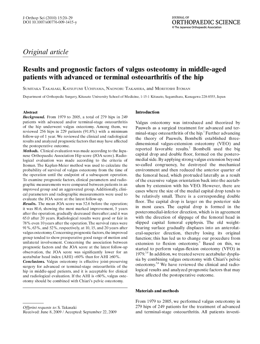 Results and prognostic factors of valgus osteotomy in middle-aged patients with advanced or terminal osteoarthritis of the hip