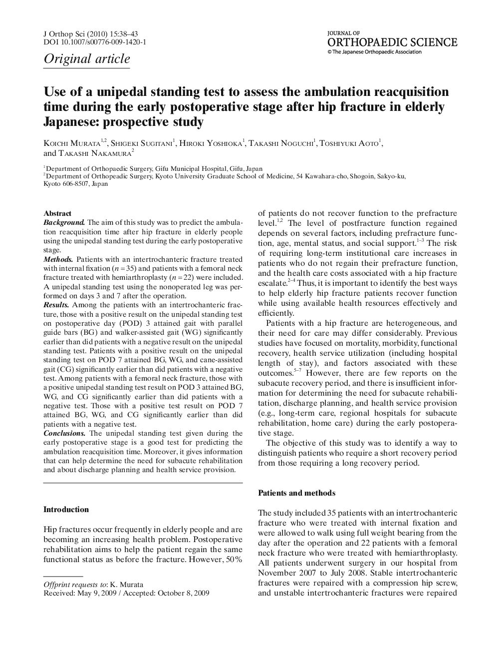 Use of a unipedal standing test to assess the ambulation reacquisition time during the early postoperative stage after hip fracture in elderly Japanese: prospective study