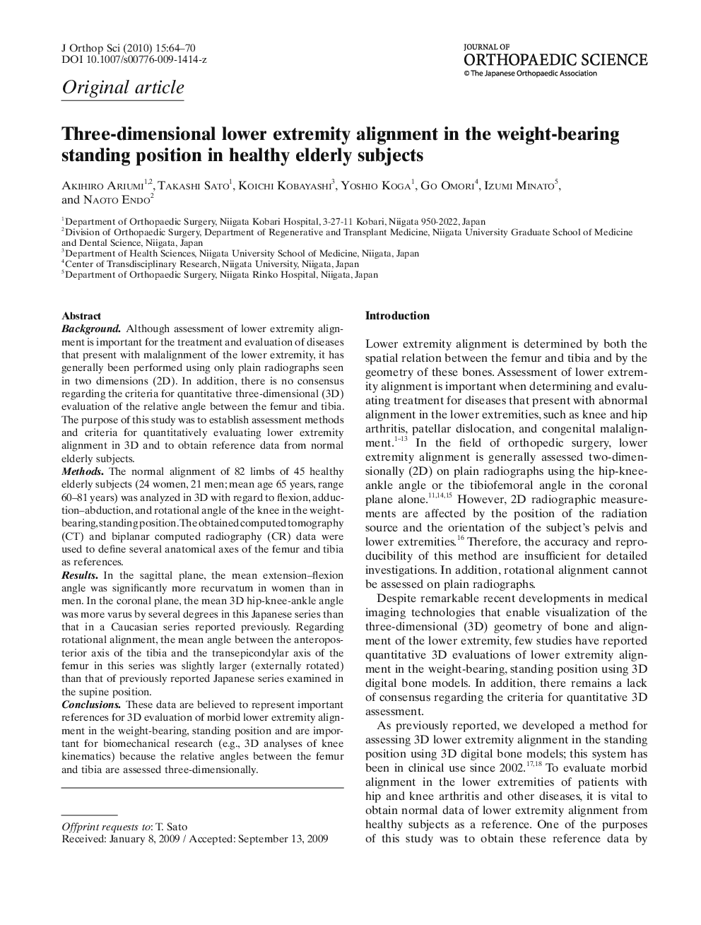 Three-dimensional lower extremity alignment in the weight-bearing standing position in healthy elderly subjects