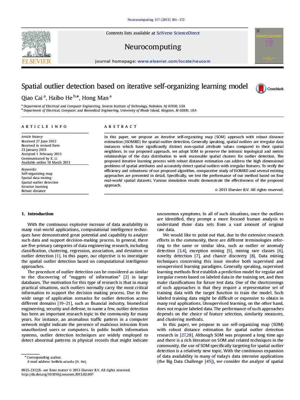 Spatial outlier detection based on iterative self-organizing learning model