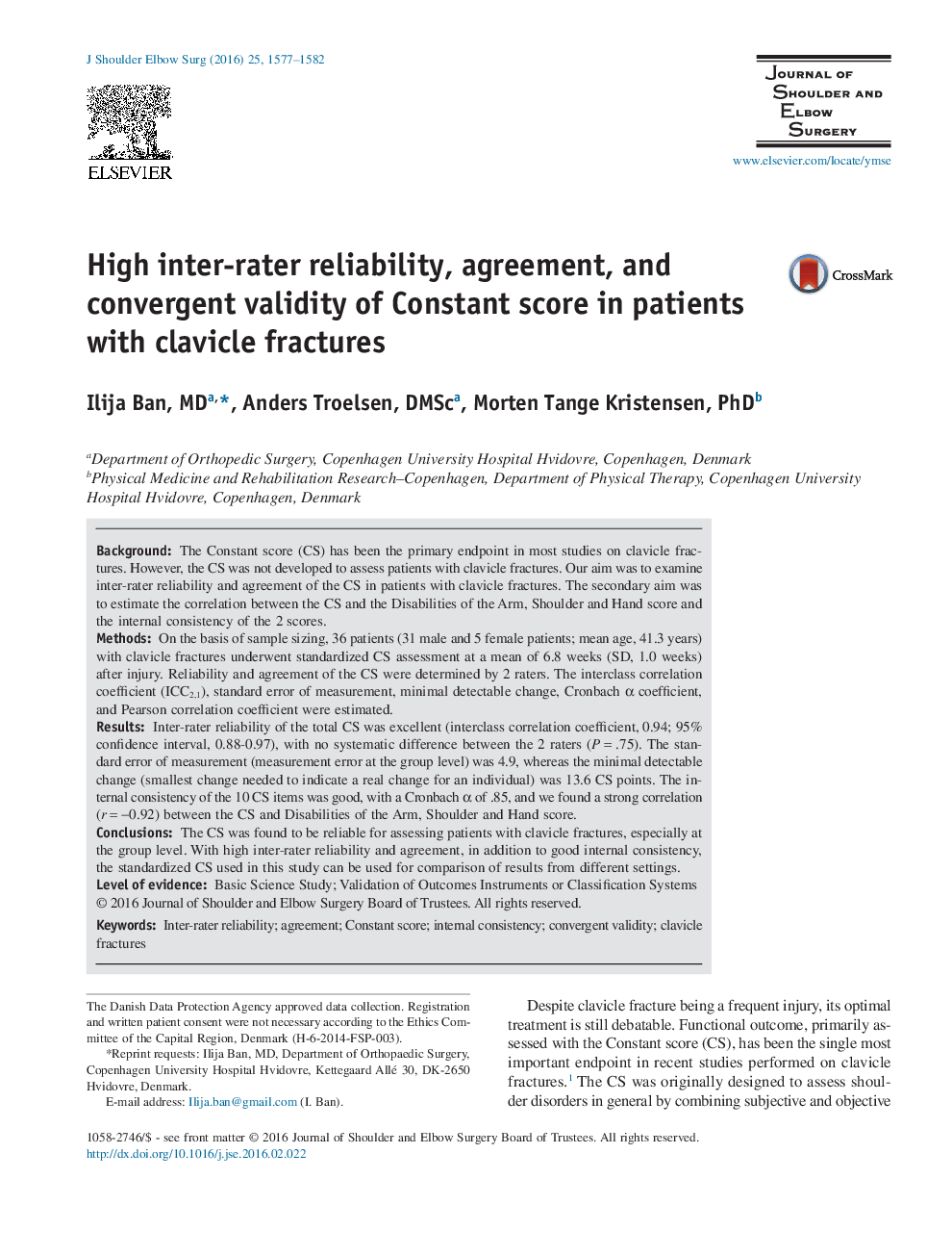 High inter-rater reliability, agreement, and convergent validity of Constant score in patients with clavicle fractures 