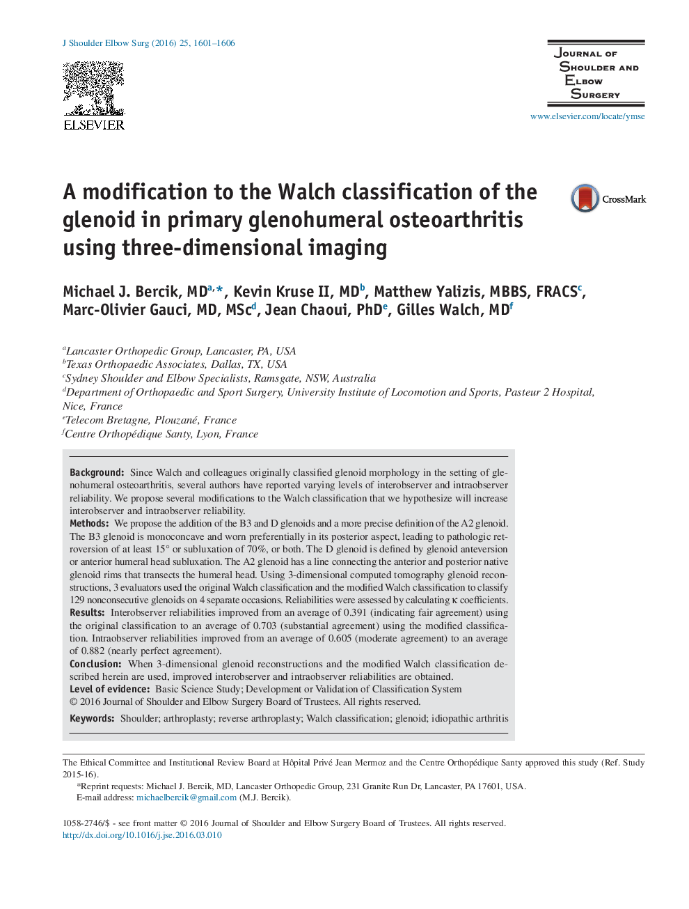 A modification to the Walch classification of the glenoid in primary glenohumeral osteoarthritis using three-dimensional imaging 