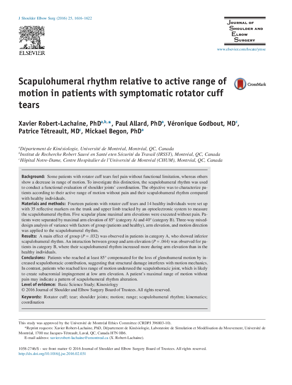 Scapulohumeral rhythm relative to active range of motion in patients with symptomatic rotator cuff tears 