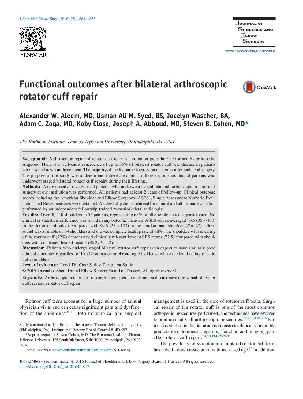 Functional outcomes after bilateral arthroscopic rotator cuff repair 