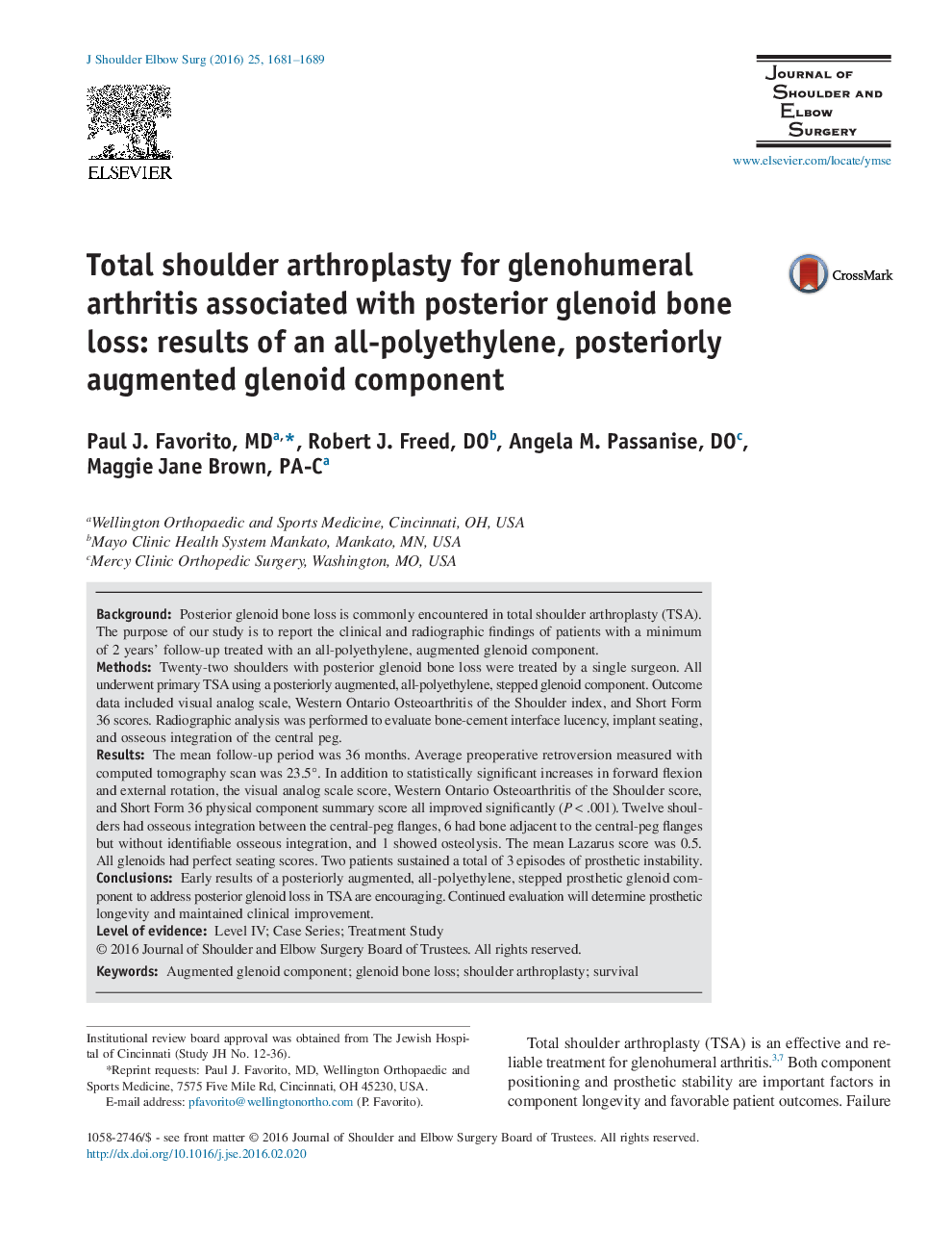 Total shoulder arthroplasty for glenohumeral arthritis associated with posterior glenoid bone loss: results of an all-polyethylene, posteriorly augmented glenoid component 