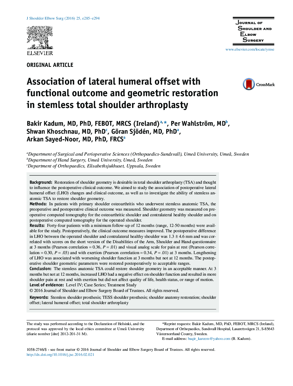 Association of lateral humeral offset with functional outcome and geometric restoration in stemless total shoulder arthroplasty 