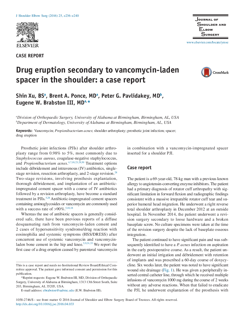 Drug eruption secondary to vancomycin-laden spacer in the shoulder: a case report