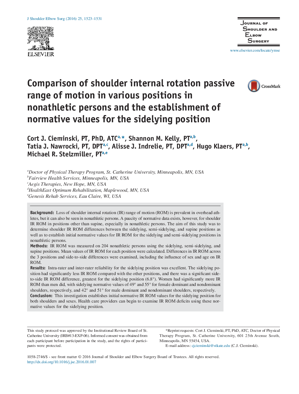 Comparison of shoulder internal rotation passive range of motion in various positions in nonathletic persons and the establishment of normative values for the sidelying position 