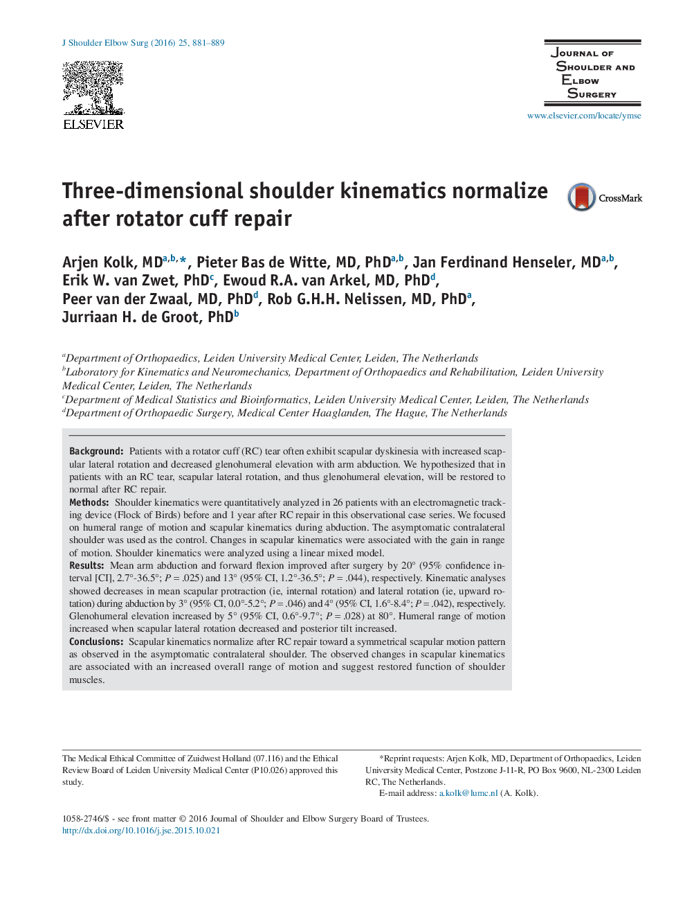 Three-dimensional shoulder kinematics normalize after rotator cuff repair 