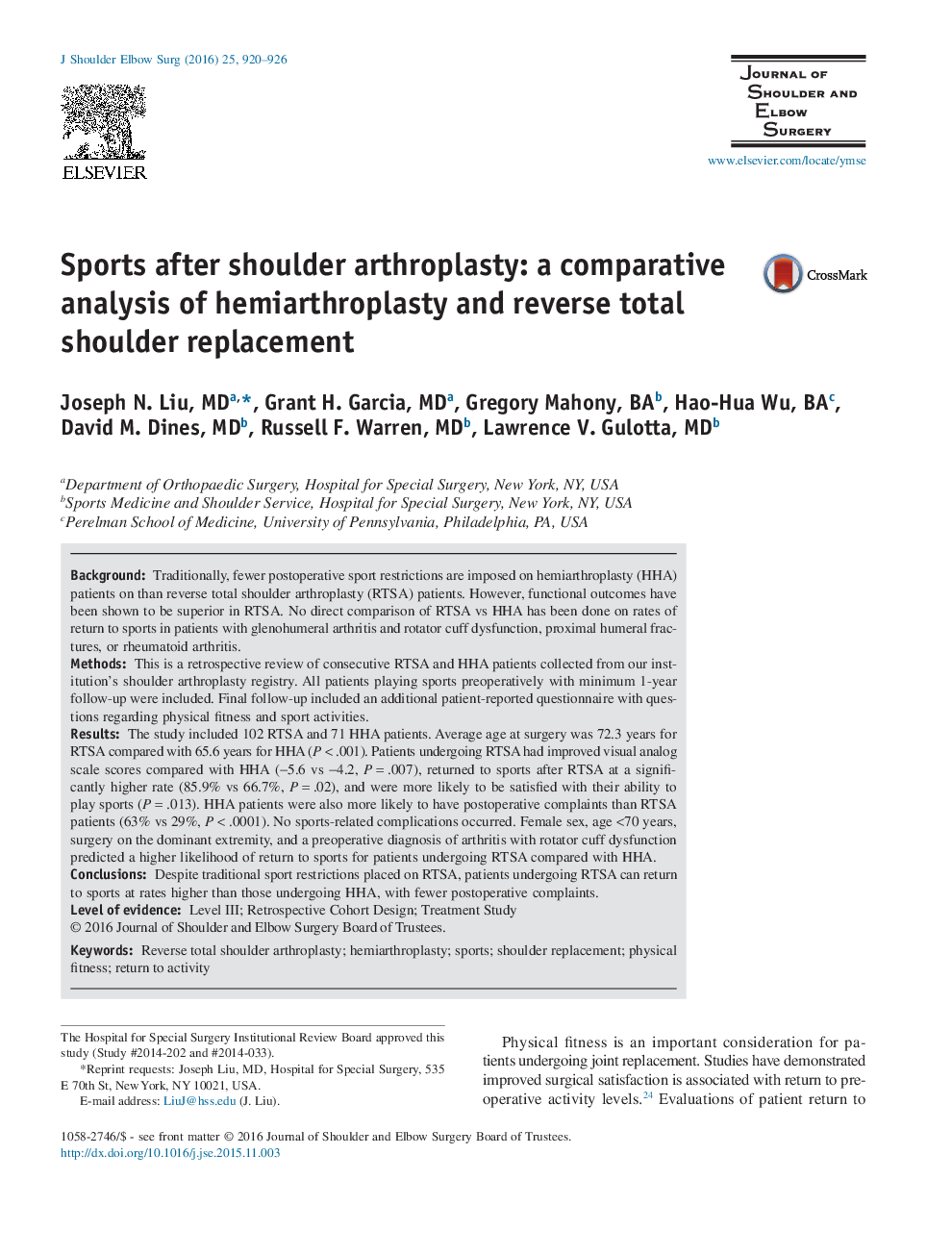 Sports after shoulder arthroplasty: a comparative analysis of hemiarthroplasty and reverse total shoulder replacement 