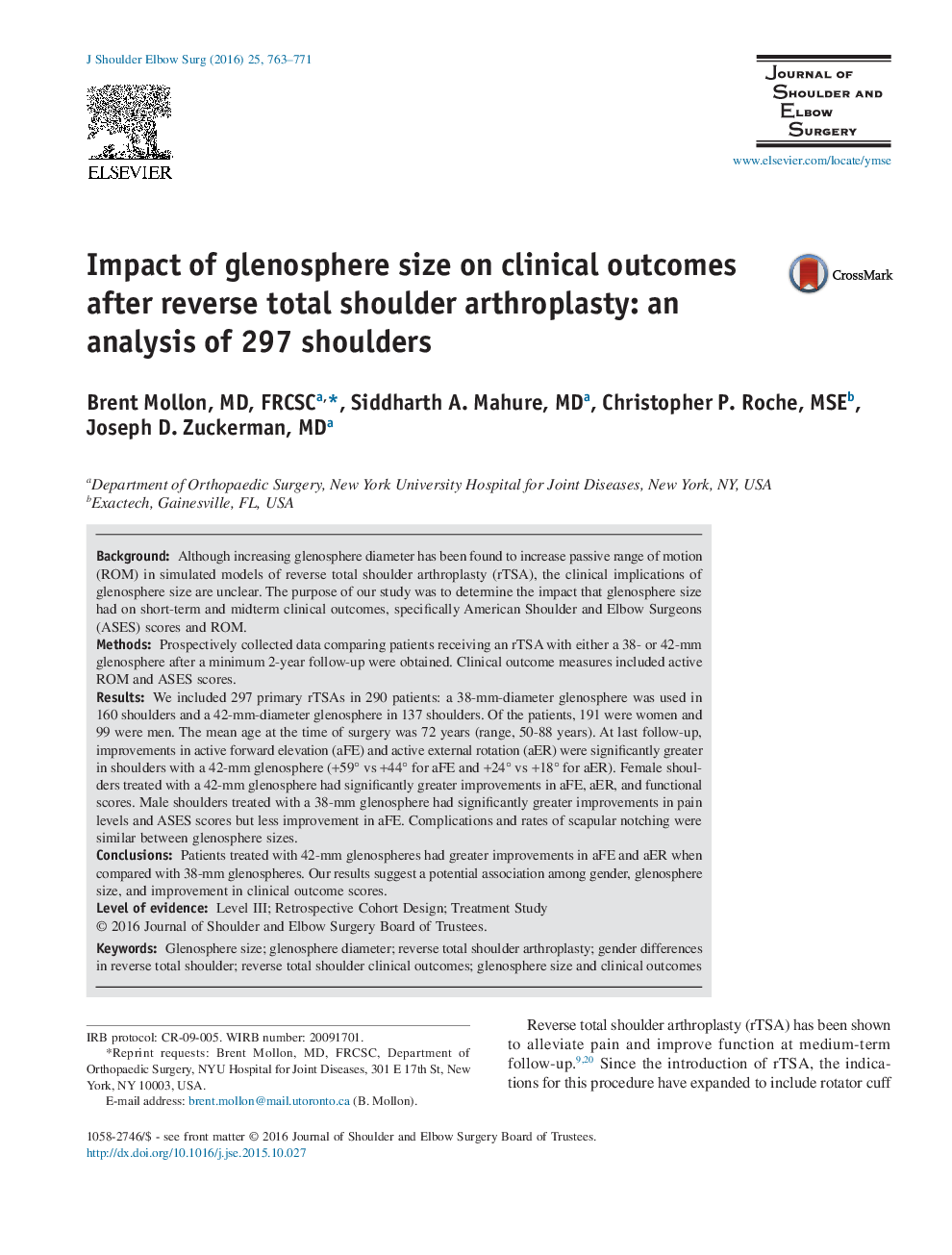 Impact of glenosphere size on clinical outcomes after reverse total shoulder arthroplasty: an analysis of 297 shoulders 