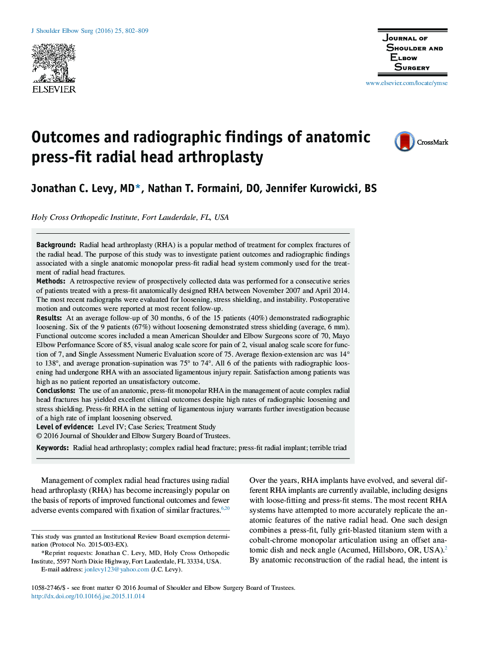 Outcomes and radiographic findings of anatomic press-fit radial head arthroplasty 