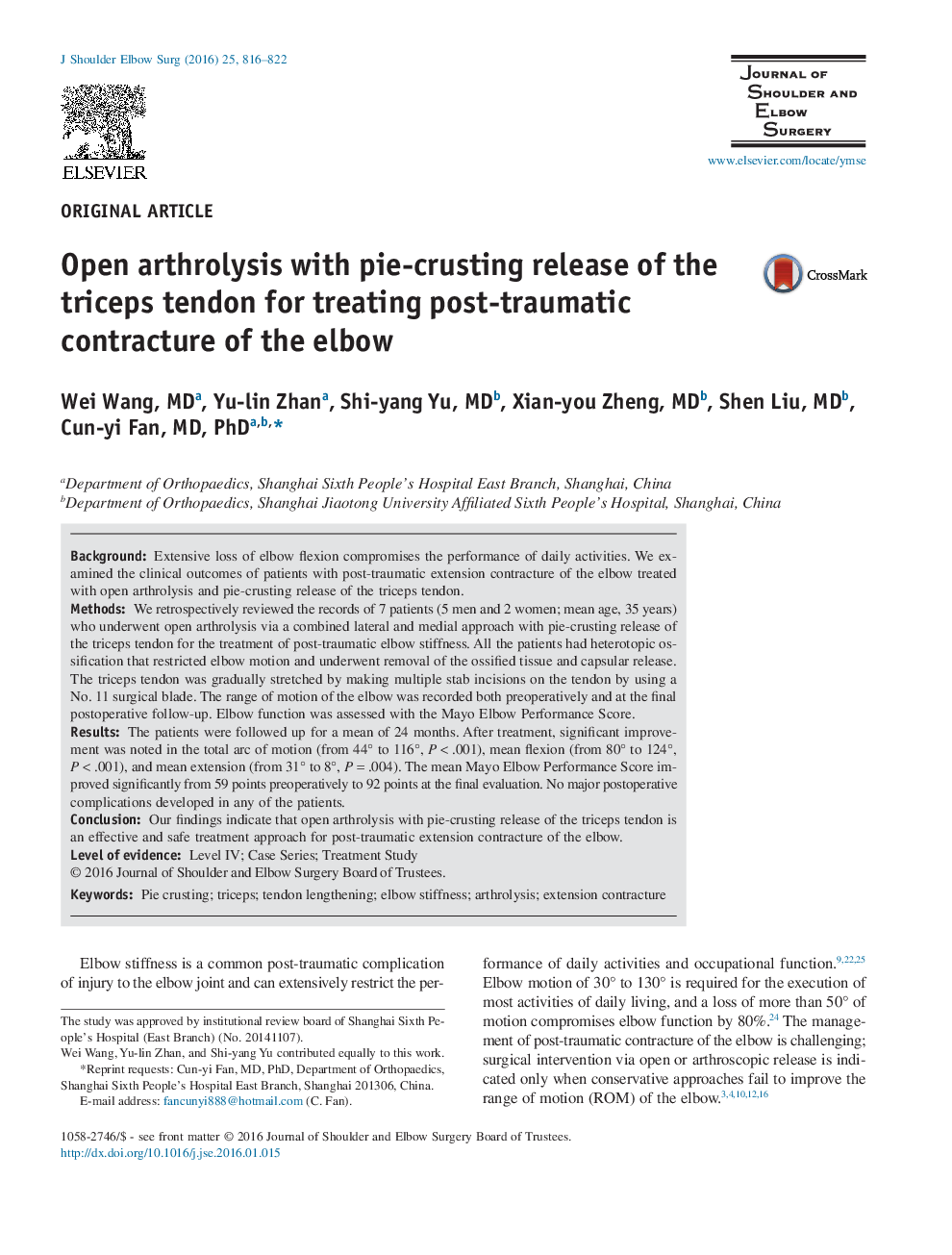 Open arthrolysis with pie-crusting release of the triceps tendon for treating post-traumatic contracture of the elbow 