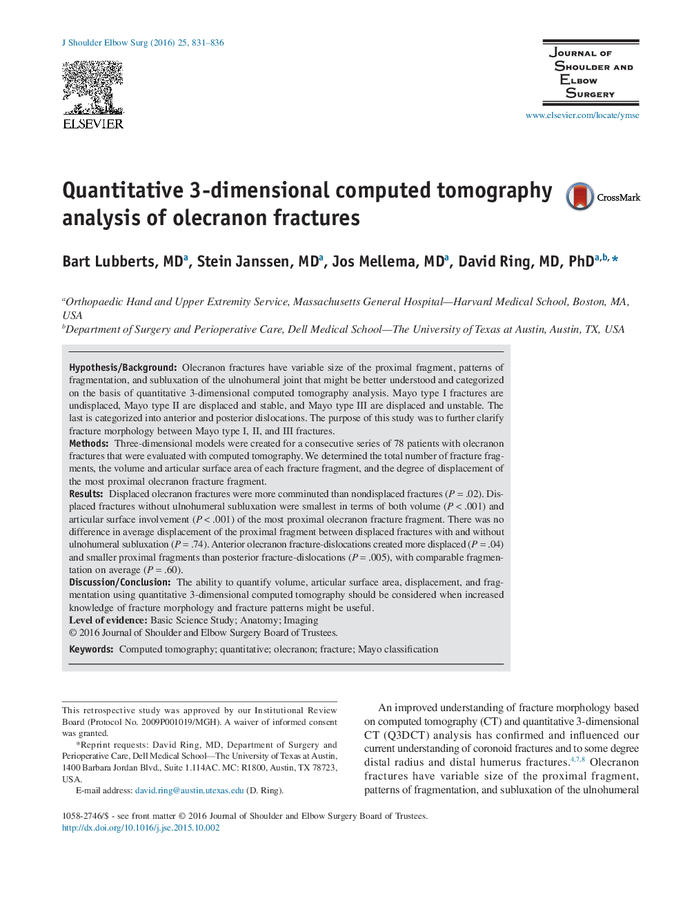 Quantitative 3-dimensional computed tomography analysis of olecranon fractures 