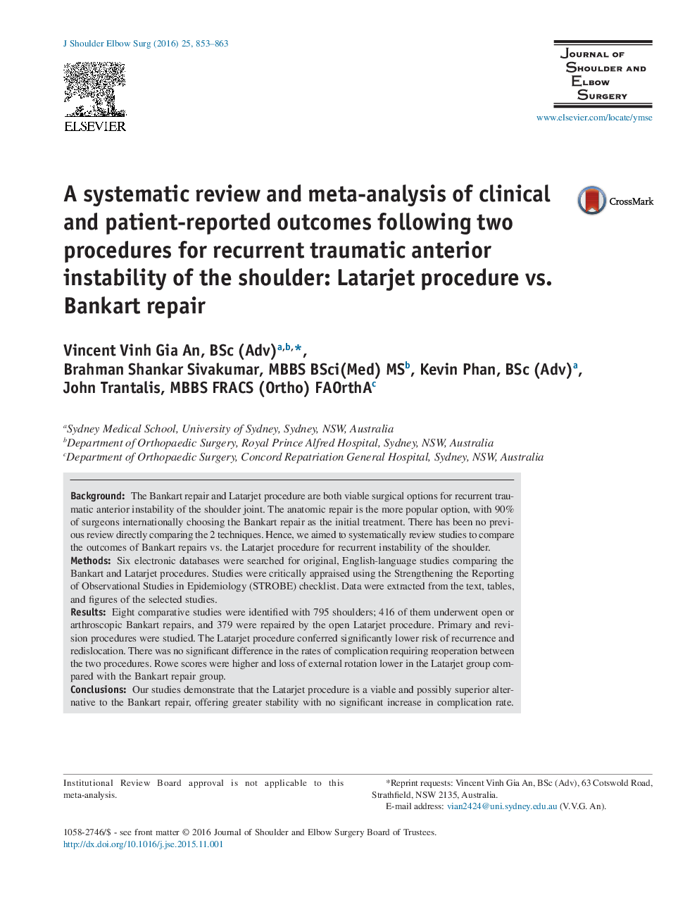 A systematic review and meta-analysis of clinical and patient-reported outcomes following two procedures for recurrent traumatic anterior instability of the shoulder: Latarjet procedure vs. Bankart repair 