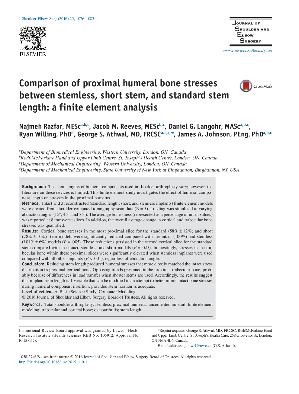 Comparison of proximal humeral bone stresses between stemless, short stem, and standard stem length: a finite element analysis 