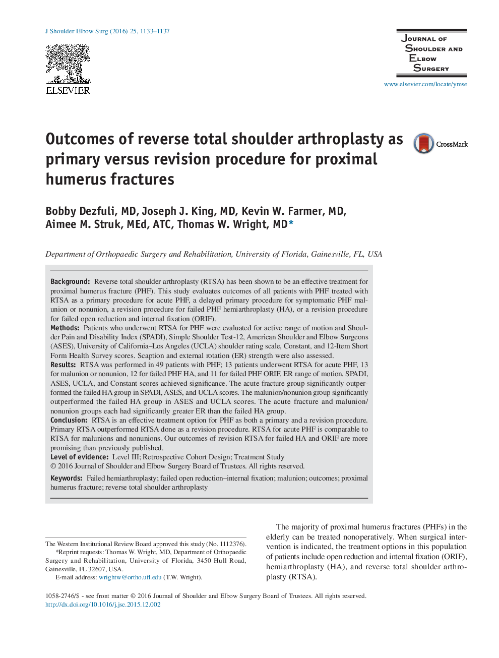 Outcomes of reverse total shoulder arthroplasty as primary versus revision procedure for proximal humerus fractures 