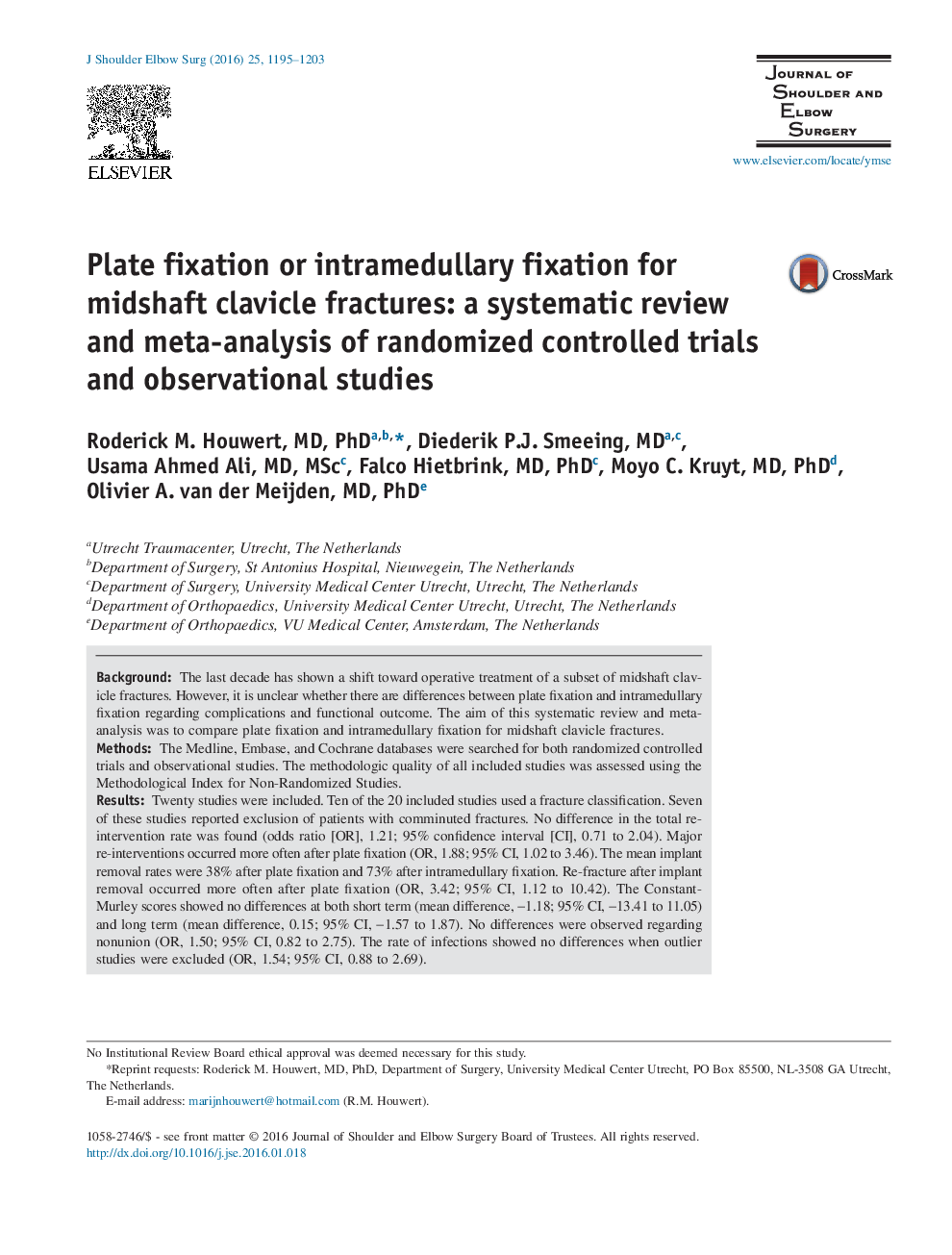 Plate fixation or intramedullary fixation for midshaft clavicle fractures: a systematic review and meta-analysis of randomized controlled trials and observational studies 