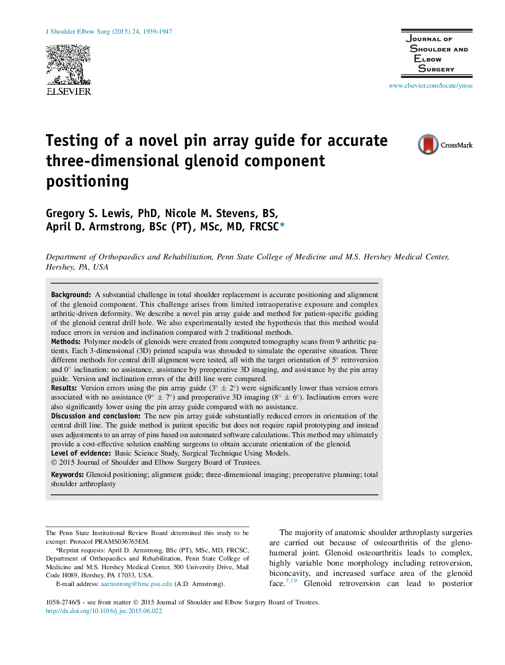 Testing of a novel pin array guide for accurate three-dimensional glenoid component positioning 