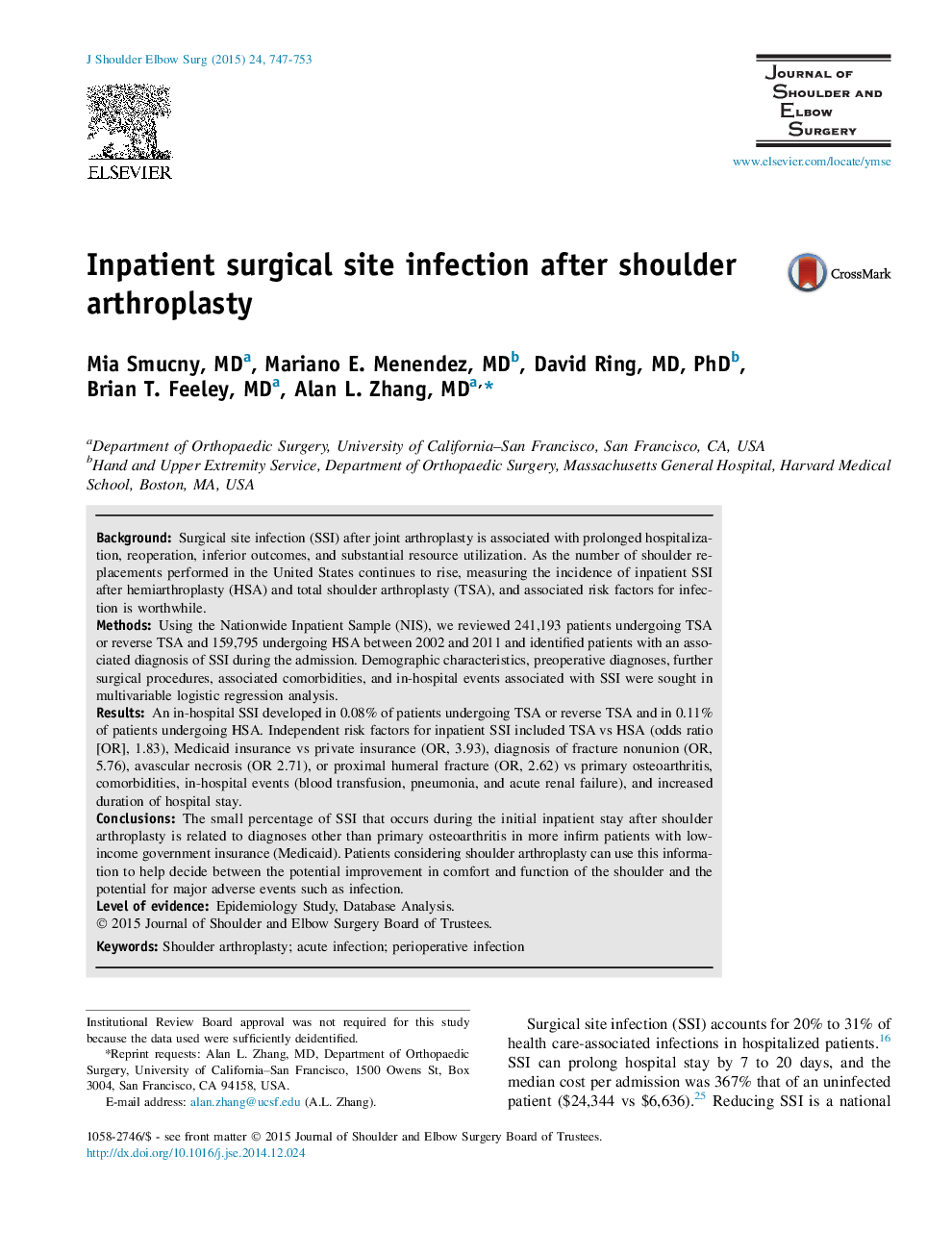 Inpatient surgical site infection after shoulder arthroplasty 