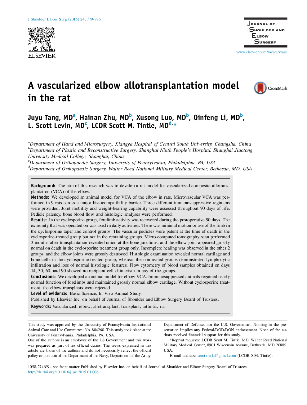 A vascularized elbow allotransplantation model in the rat 