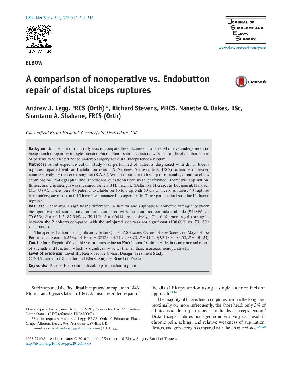 A comparison of nonoperative vs. Endobutton repair of distal biceps ruptures 