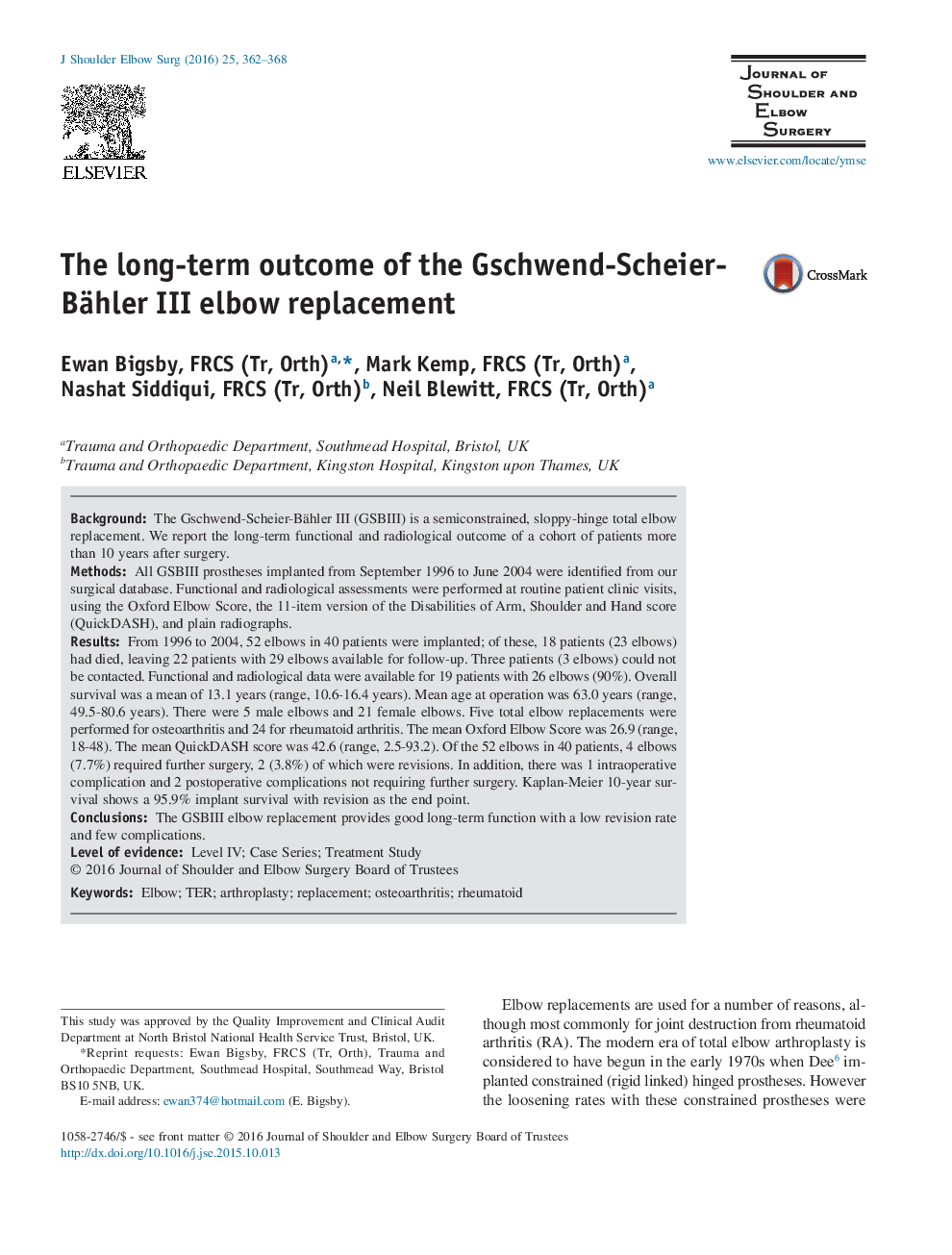 The long-term outcome of the Gschwend-Scheier-Bähler III elbow replacement 