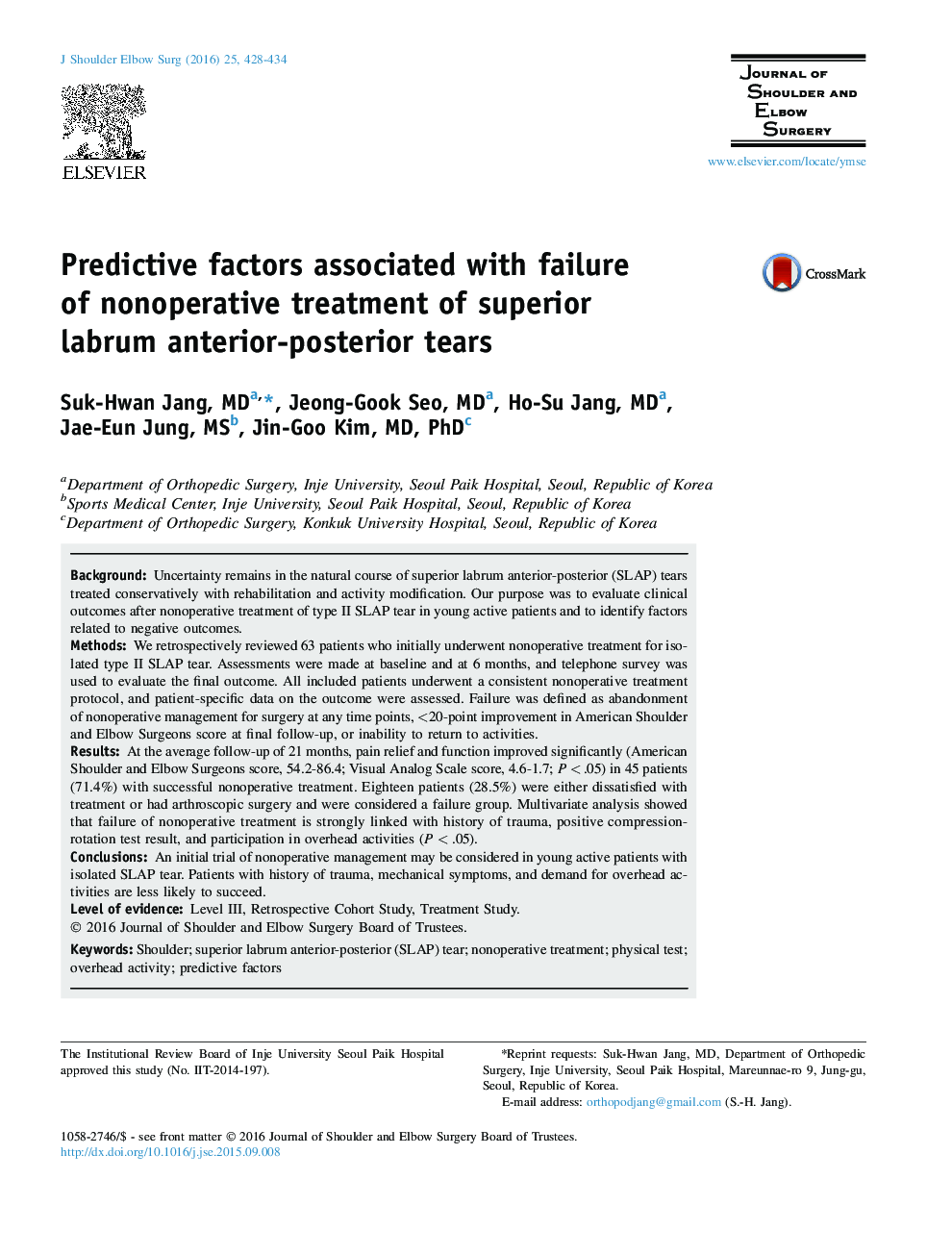 Predictive factors associated with failure of nonoperative treatment of superior labrum anterior-posterior tears 