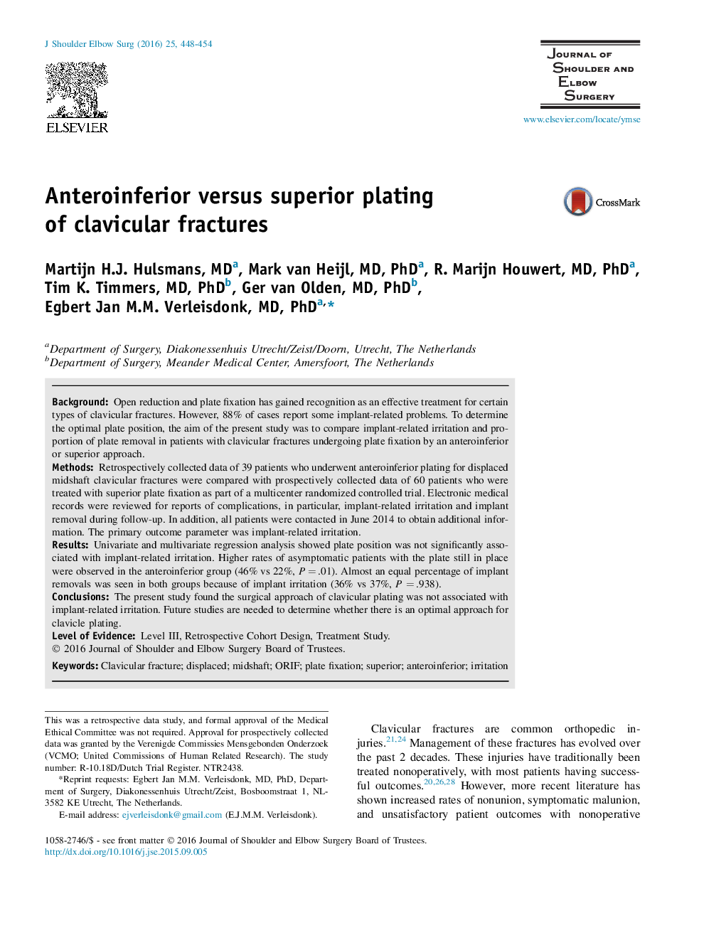 Anteroinferior versus superior plating of clavicular fractures 