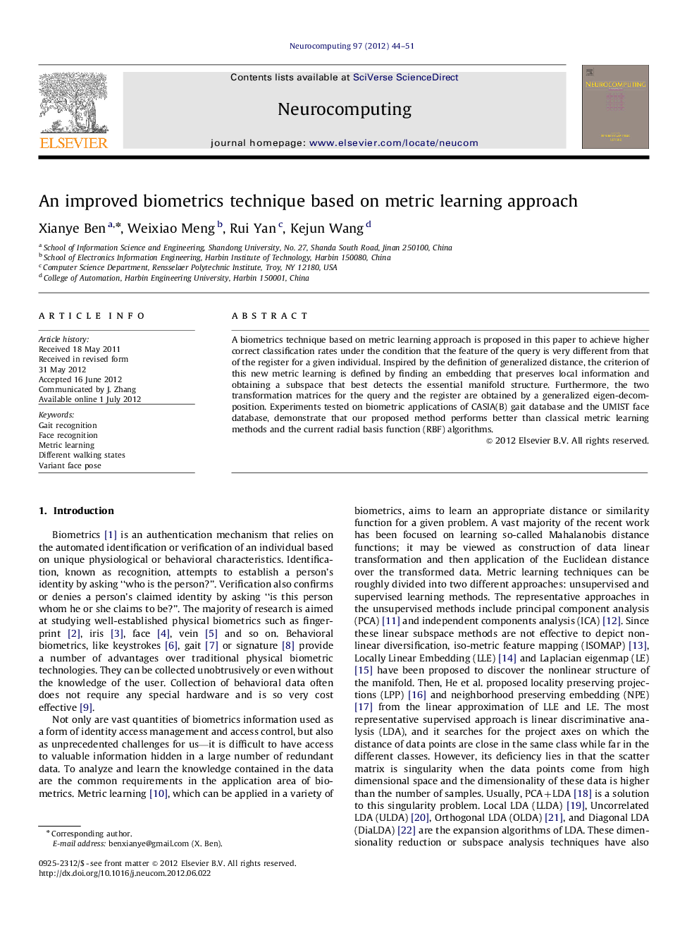 An improved biometrics technique based on metric learning approach