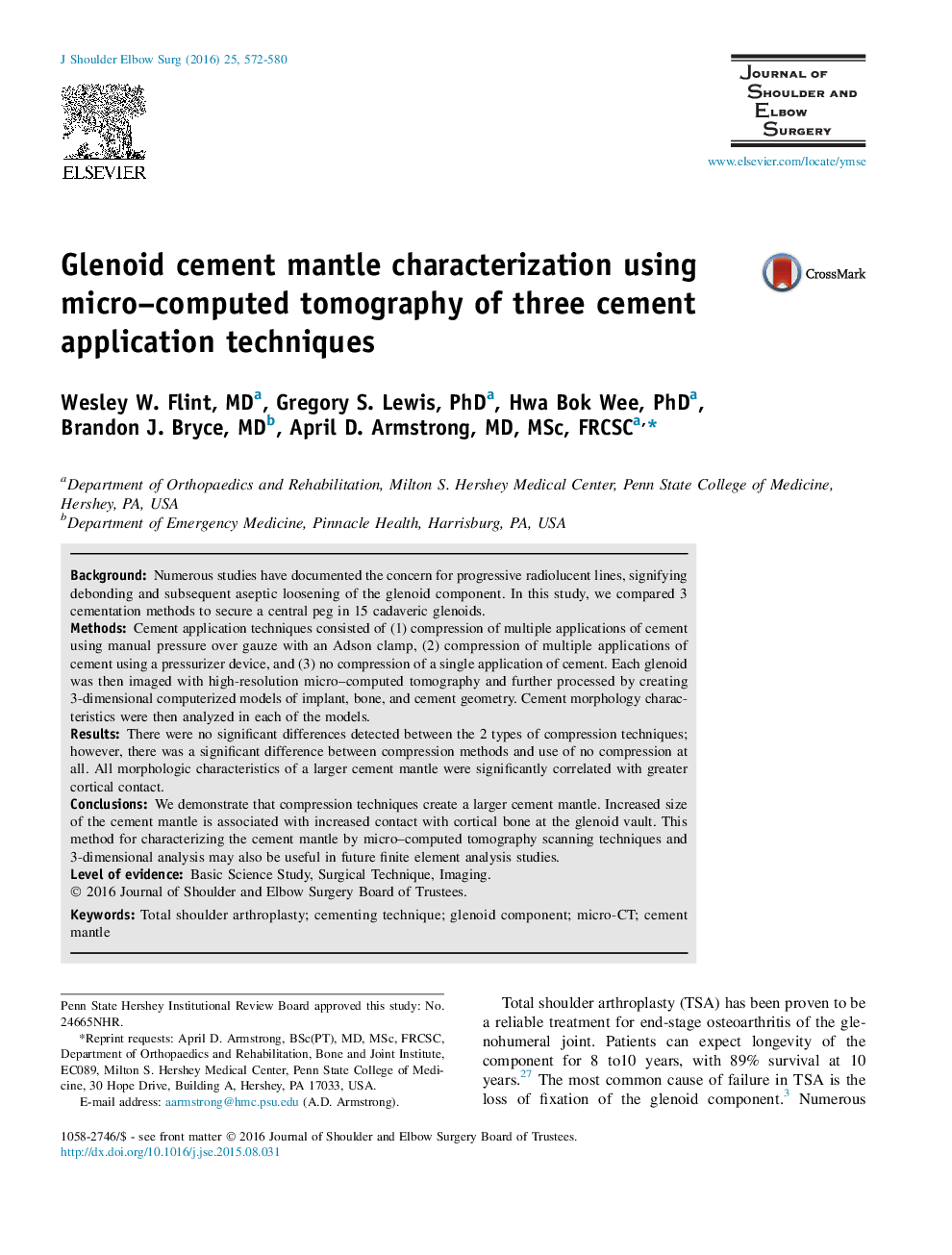 Glenoid cement mantle characterization using micro–computed tomography of three cement application techniques 