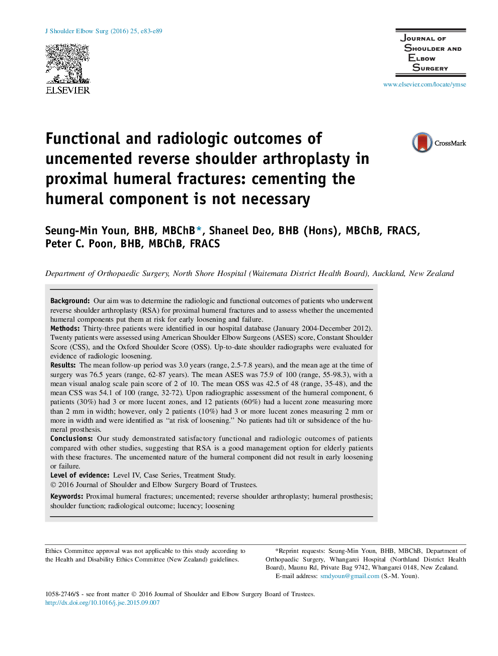 Functional and radiologic outcomes of uncemented reverse shoulder arthroplasty in proximal humeral fractures: cementing the humeral component is not necessary 