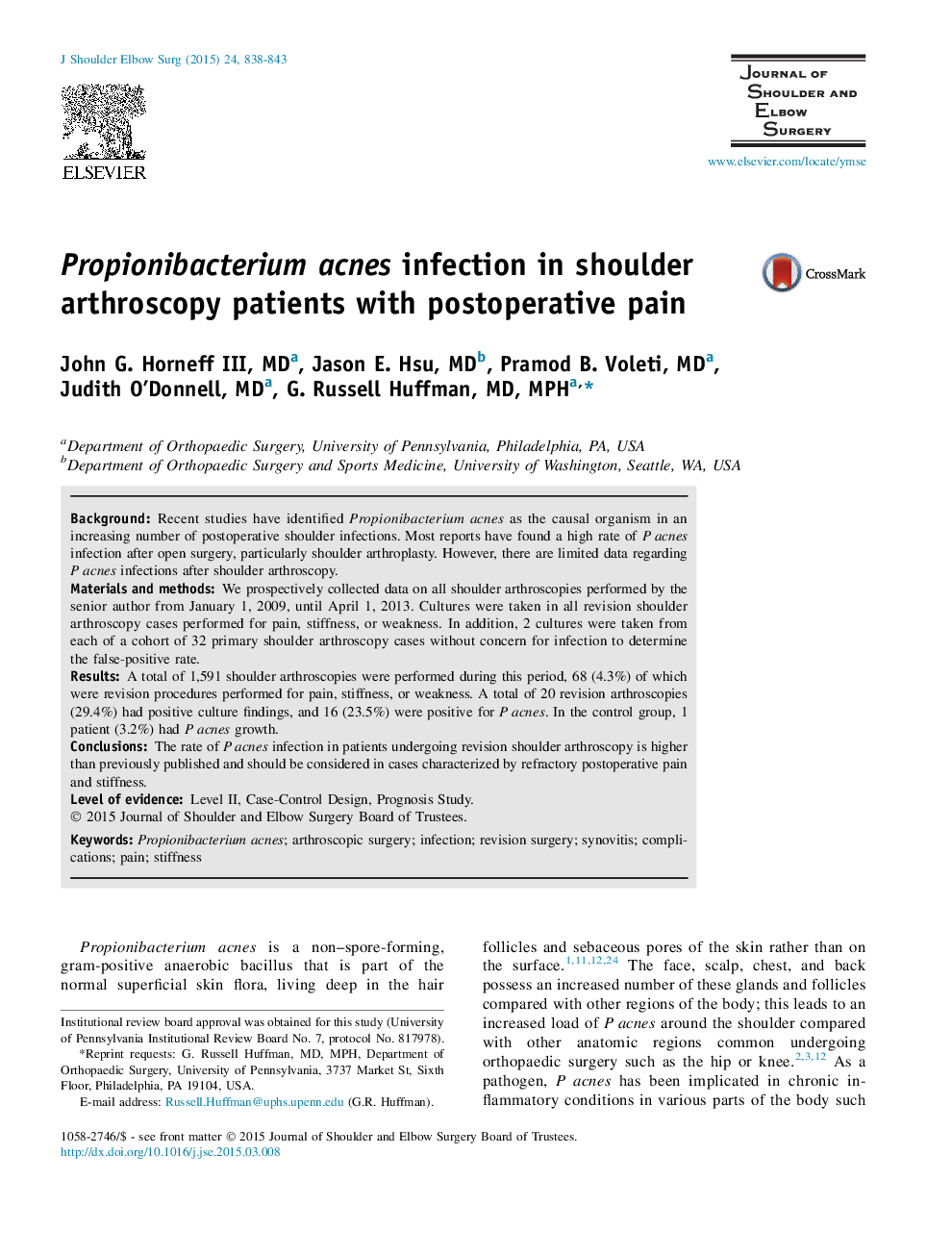 Propionibacterium acnes infection in shoulder arthroscopy patients with postoperative pain 