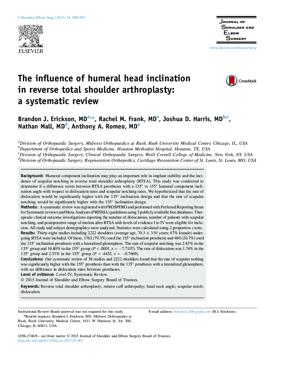 The influence of humeral head inclination in reverse total shoulder arthroplasty: a systematic review 