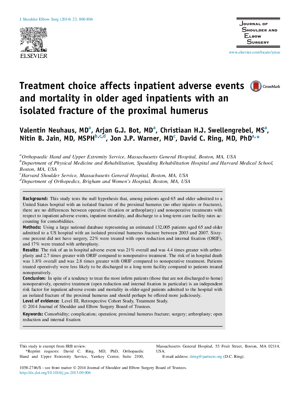 Treatment choice affects inpatient adverse events and mortality in older aged inpatients with an isolated fracture of the proximal humerus 