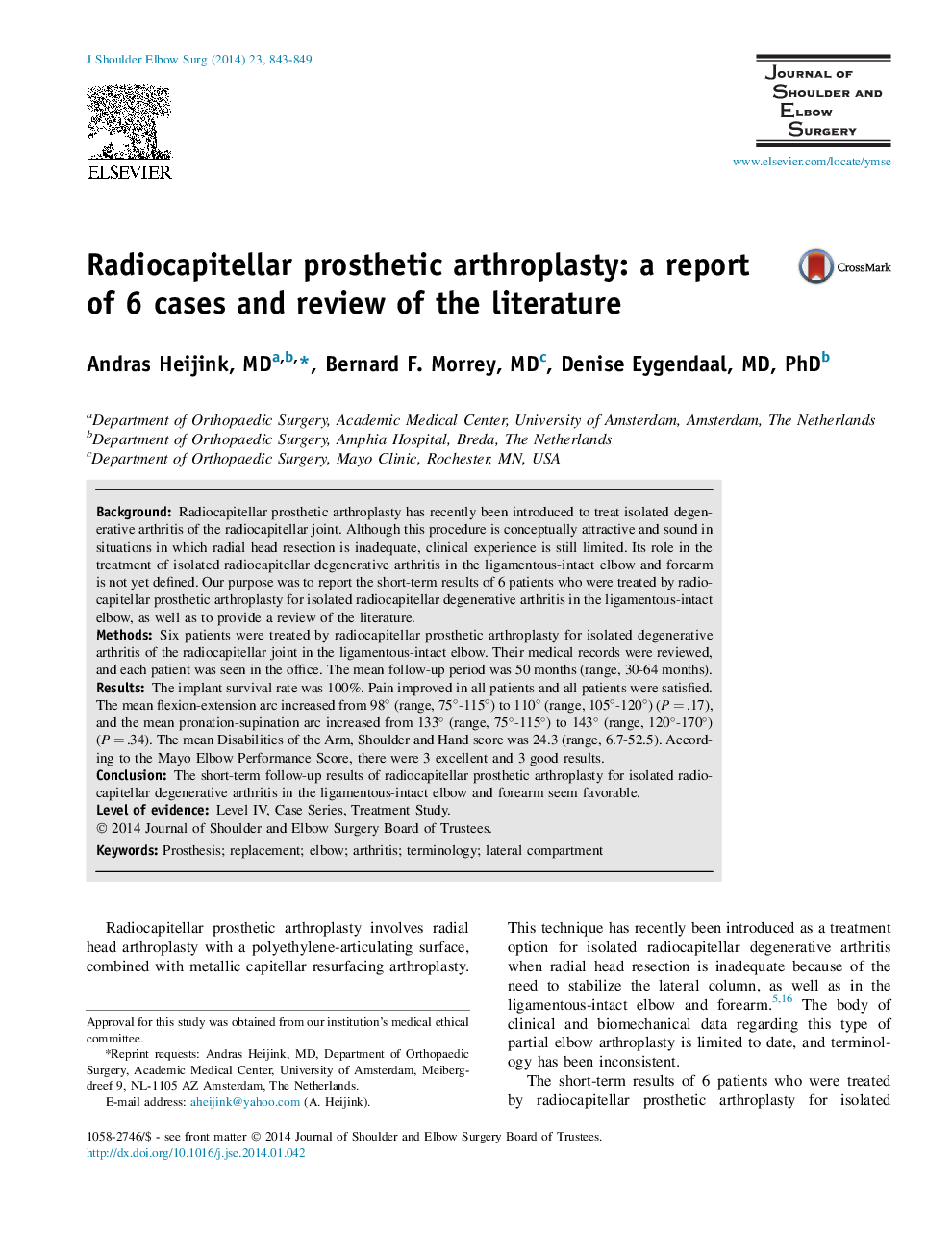 Radiocapitellar prosthetic arthroplasty: a report of 6 cases and review of the literature 