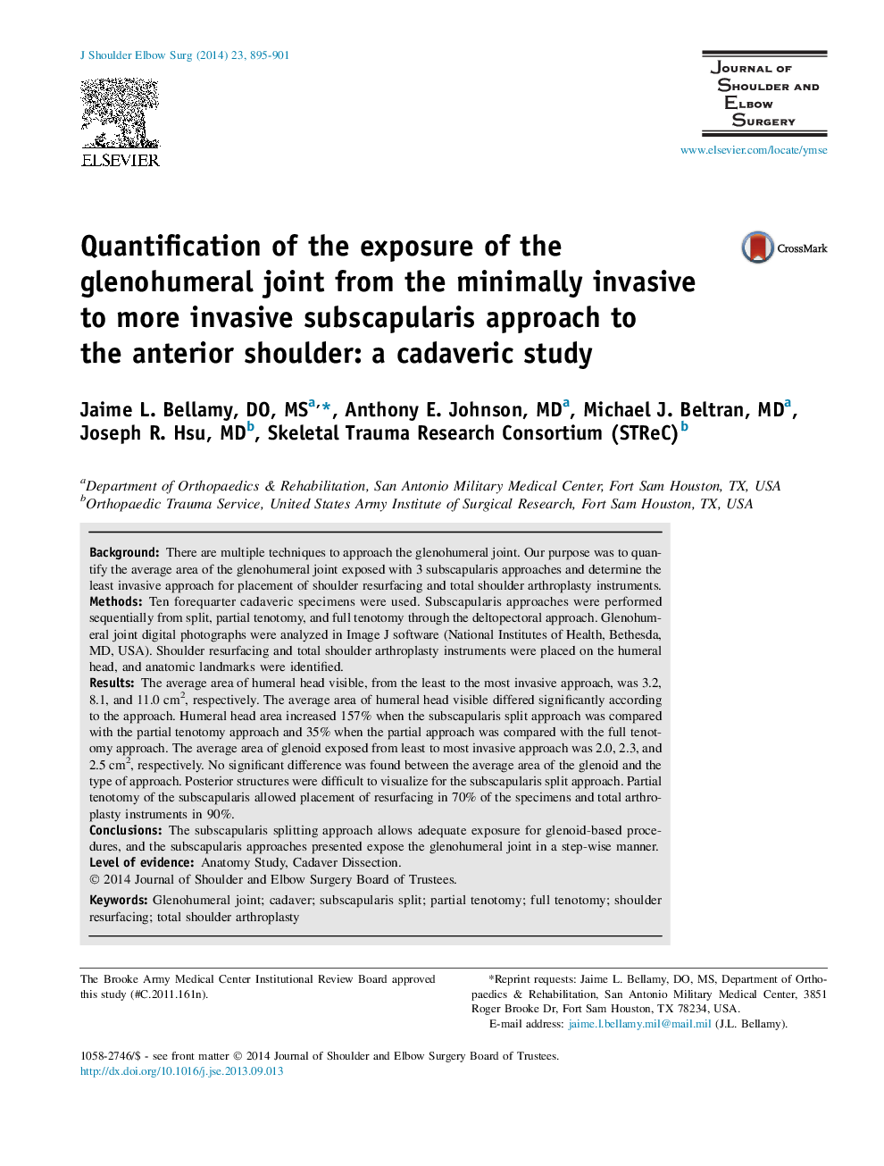 Quantification of the exposure of the glenohumeral joint from the minimally invasive to more invasive subscapularis approach to the anterior shoulder: a cadaveric study 