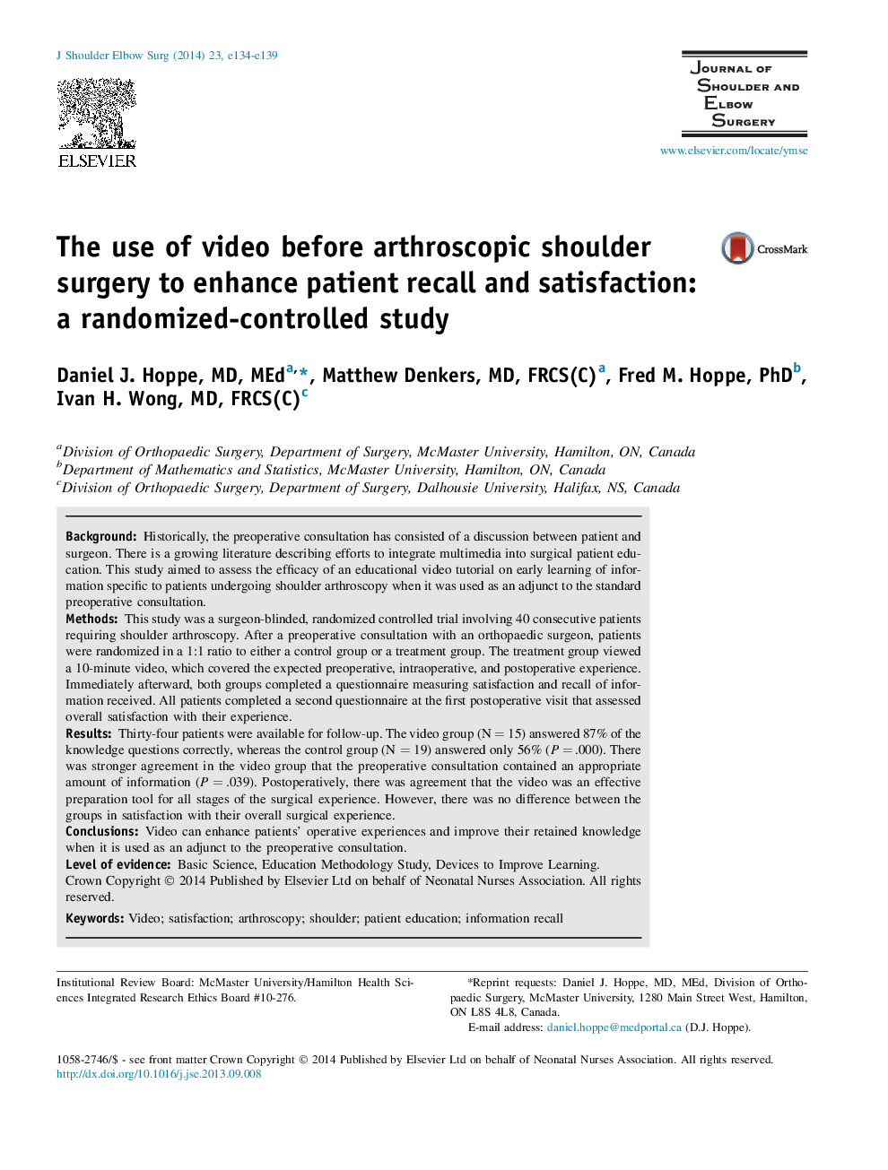 The use of video before arthroscopic shoulder surgery to enhance patient recall and satisfaction: a randomized-controlled study 