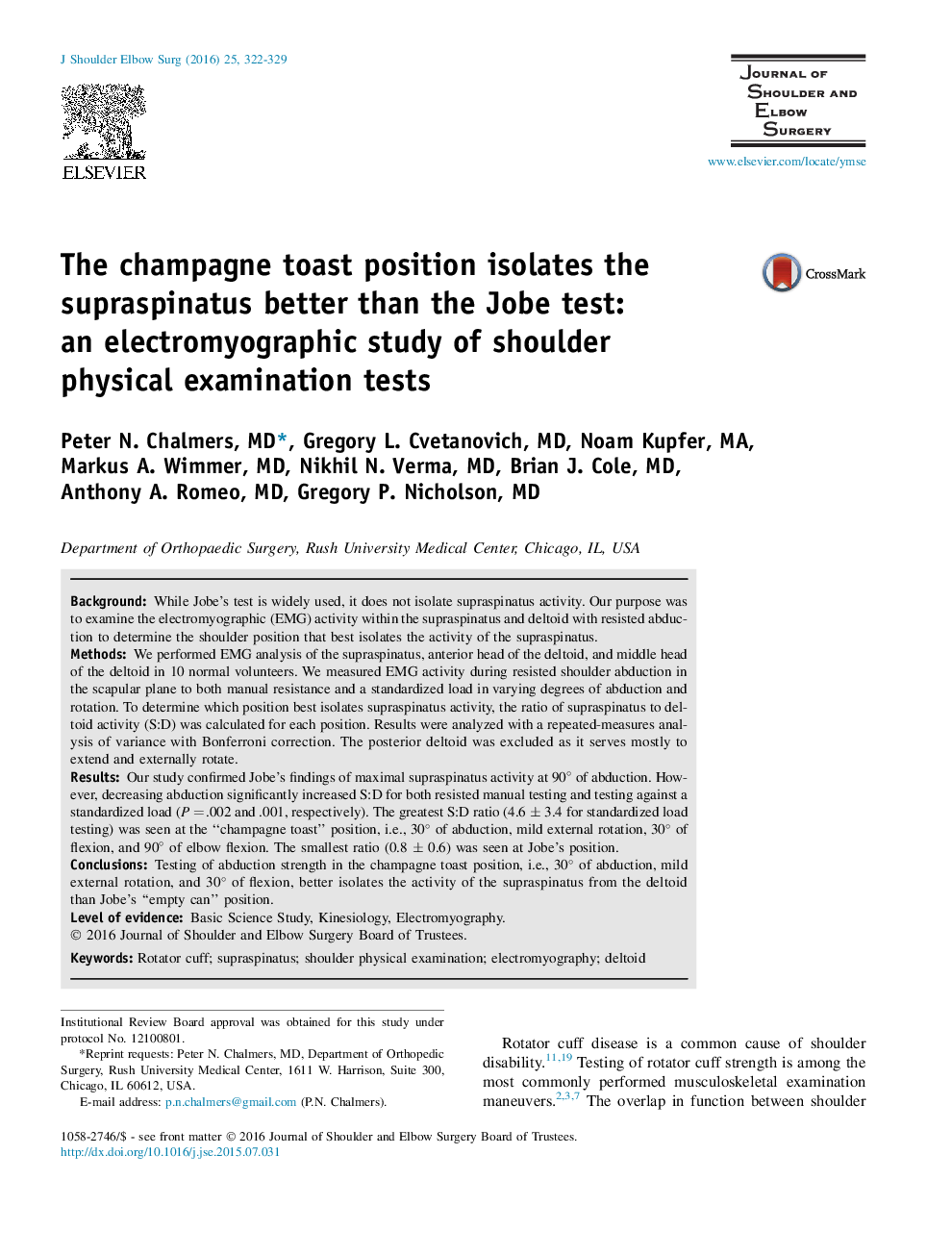 The champagne toast position isolates the supraspinatus better than the Jobe test: an electromyographic study of shoulder physical examination tests 