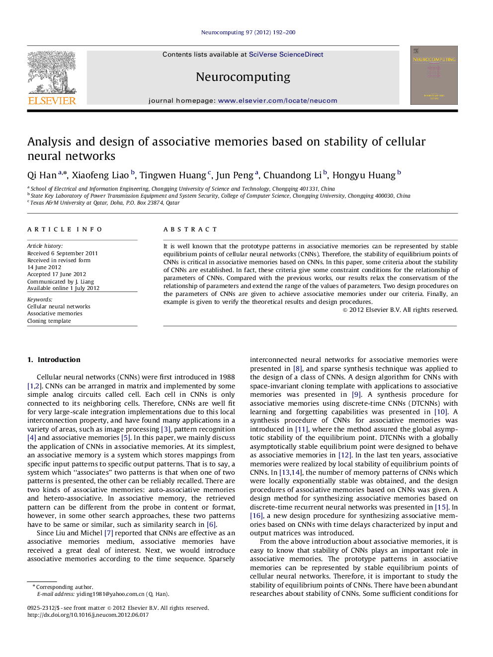 Analysis and design of associative memories based on stability of cellular neural networks