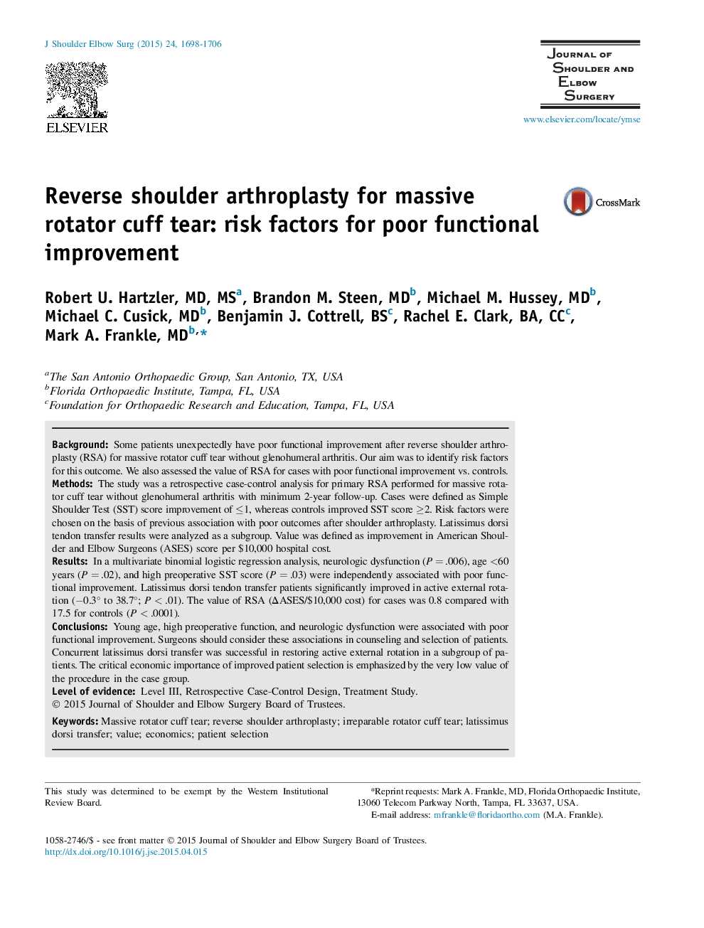 Reverse shoulder arthroplasty for massive rotator cuff tear: risk factors for poor functional improvement 