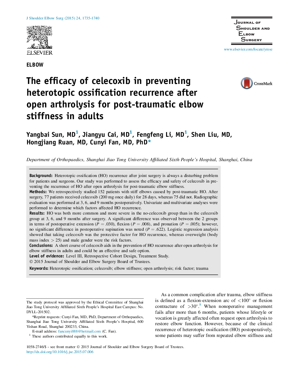 The efficacy of celecoxib in preventing heterotopic ossification recurrence after open arthrolysis for post-traumatic elbow stiffness in adults 