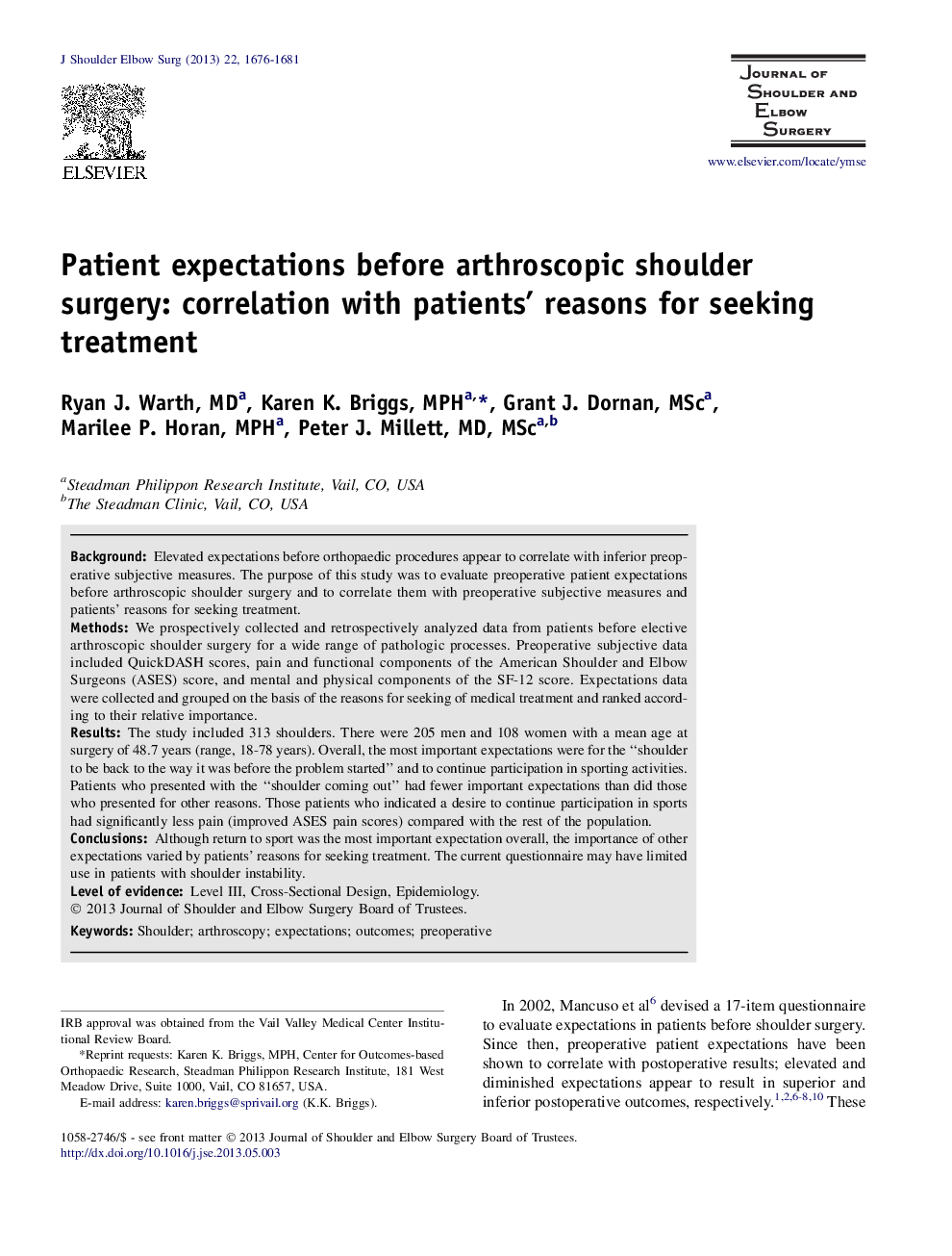 Patient expectations before arthroscopic shoulder surgery: correlation with patients’ reasons for seeking treatment 