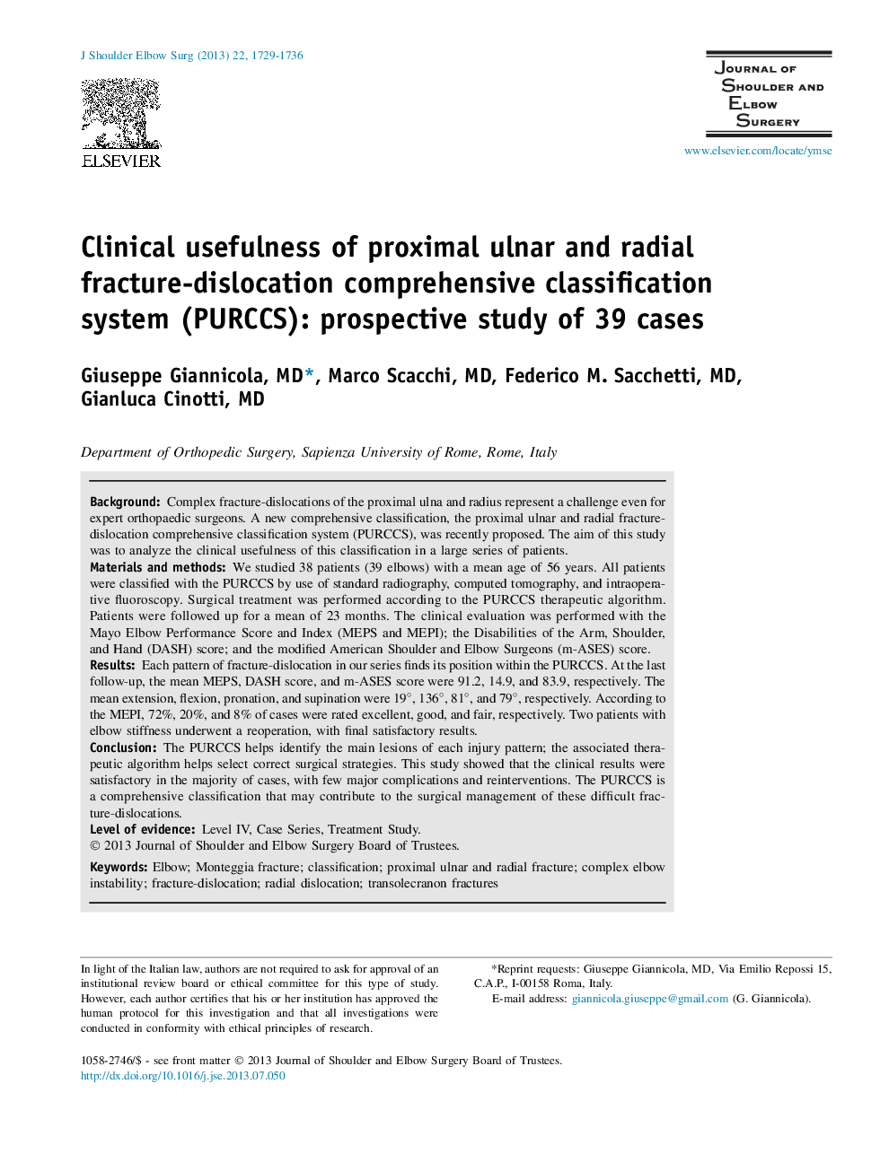 Clinical usefulness of proximal ulnar and radial fracture-dislocation comprehensive classification system (PURCCS): prospective study of 39 cases 